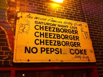 Famous cheezborger sign outside Billy Goat Tavern.