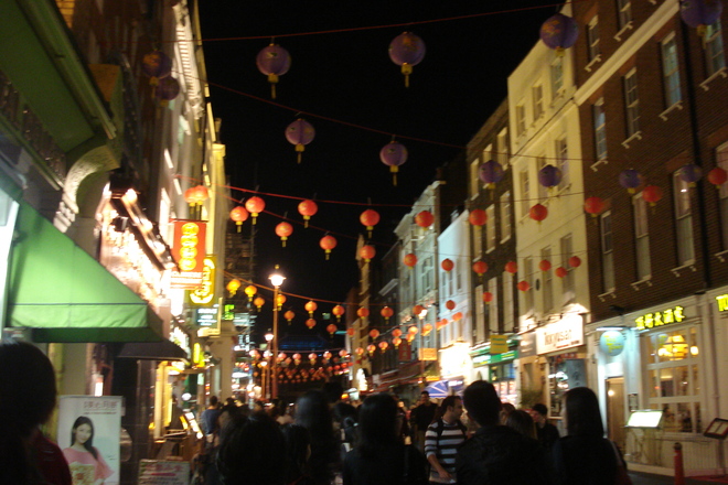 Crowded streets in London's Chinatown. 