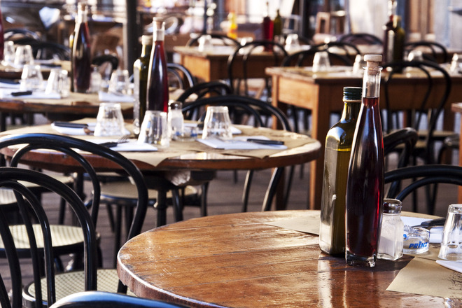 Bottles of oil and vinegar at a restaurant in Florence.