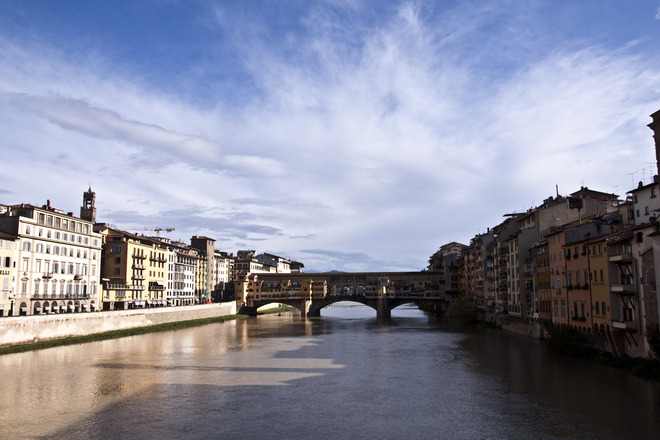 View of Ponte Vecchio and Arno River from Ponte Santa Trinita in Florence.